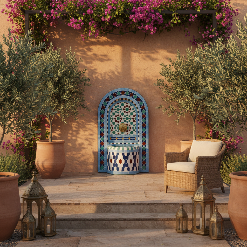 Moroccan mosaic fountain in luxury outdoor garden patio with bougainvillea and lanterns