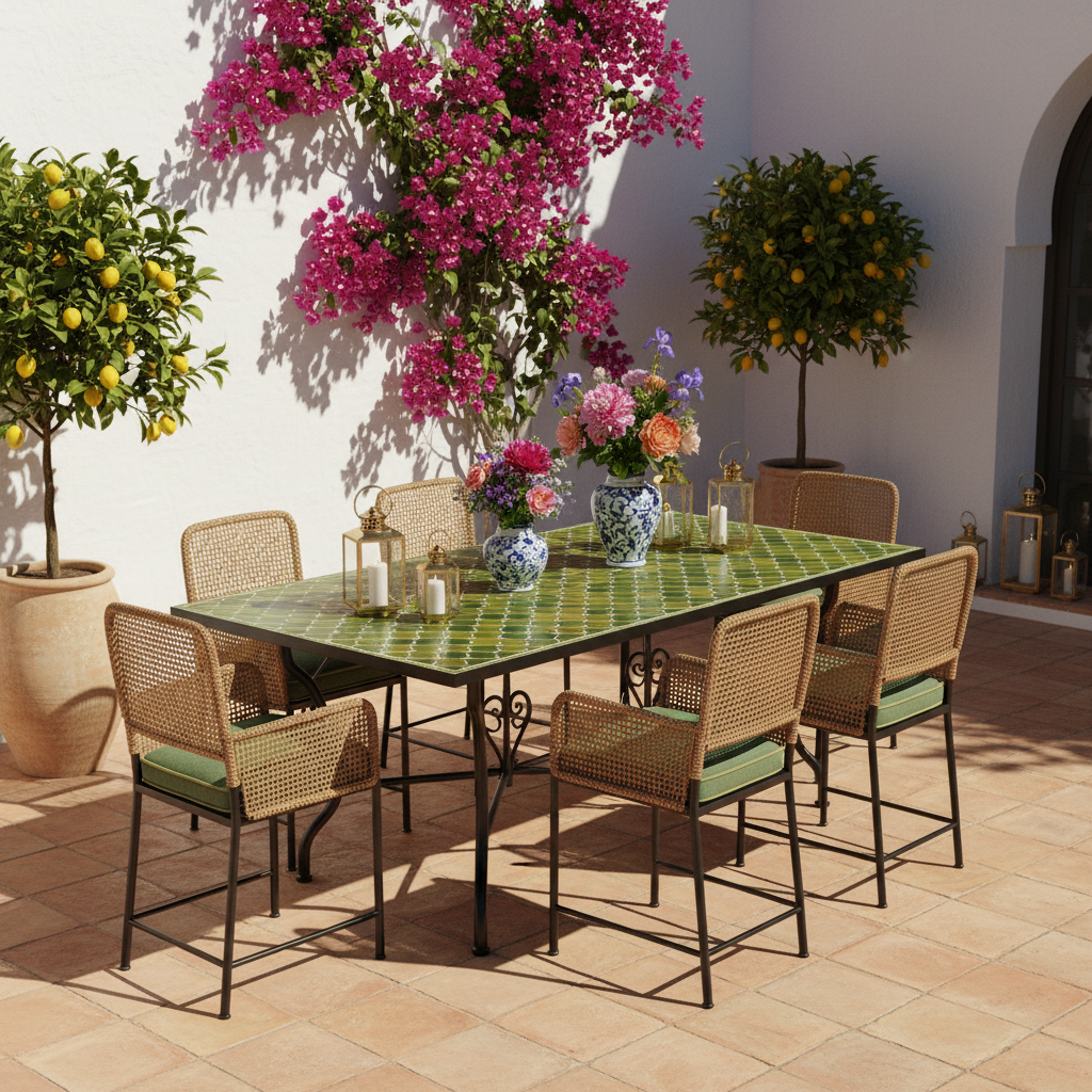 Green quatrefoil zellige mosaic rectangular dining table on a sun-drenched Andalusian courtyard terrace with whitewashed walls bougainvillea lemon trees rattan chairs green cushions and brass lanterns