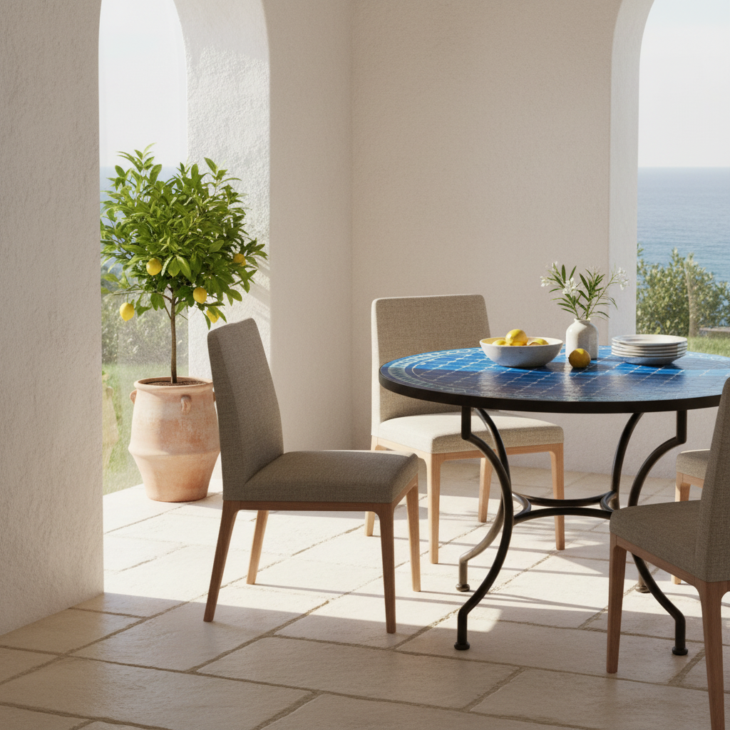 Cobalt blue zellige mosaic table in a bright coastal Mediterranean dining room with linen chairs and lemon tree