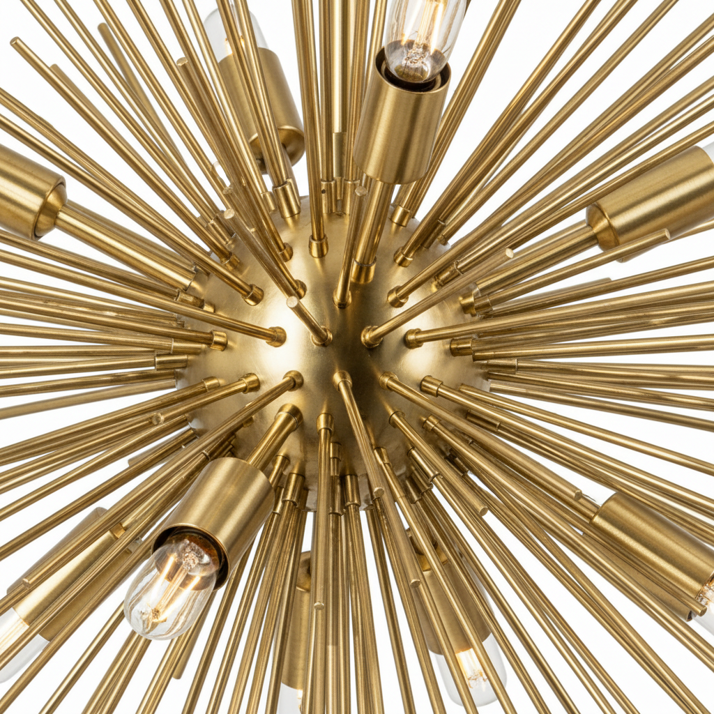 Close-up of the polished brass central hub, rays, sockets, and bulbs