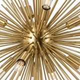 Close-up of the polished brass central hub, rays, sockets, and bulbs