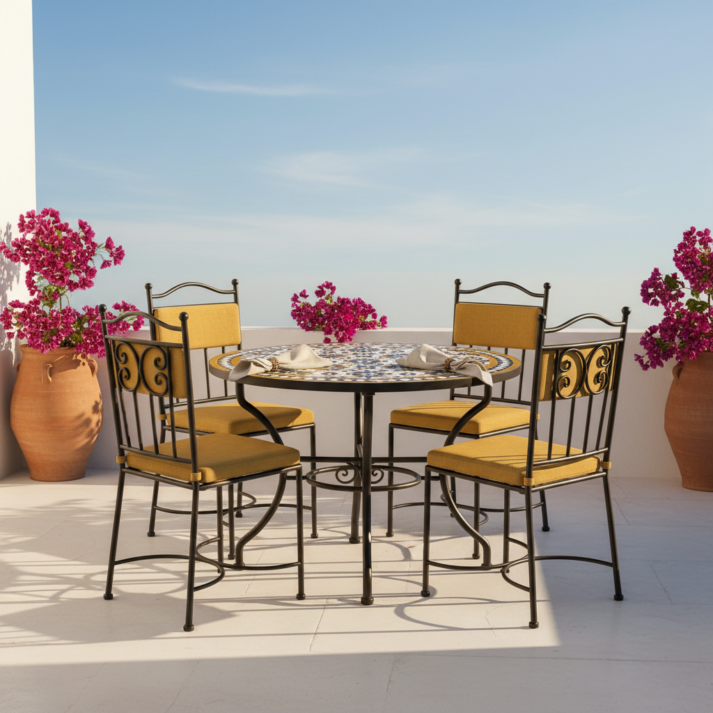 Zellige mosaic dining table with amber cushioned chairs on a bright Mediterranean terrace with bougainvillea