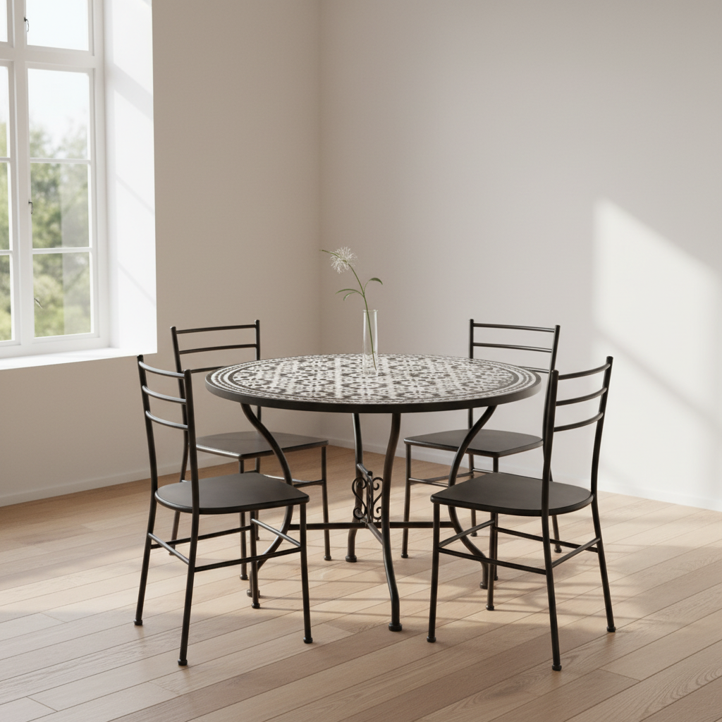Black and white zellige mosaic table styled in a minimal Scandinavian dining room with pale oak floors