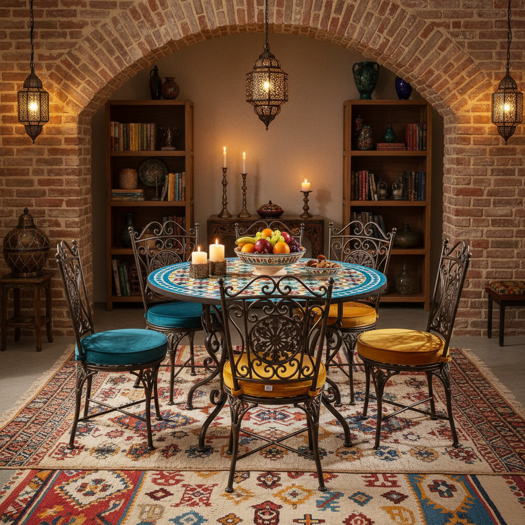 Multicolor zellige mosaic dining table with turquoise border in a bohemian eclectic interior with exposed brick arch pendant lanterns teal and saffron velvet chairs and Moroccan rugs