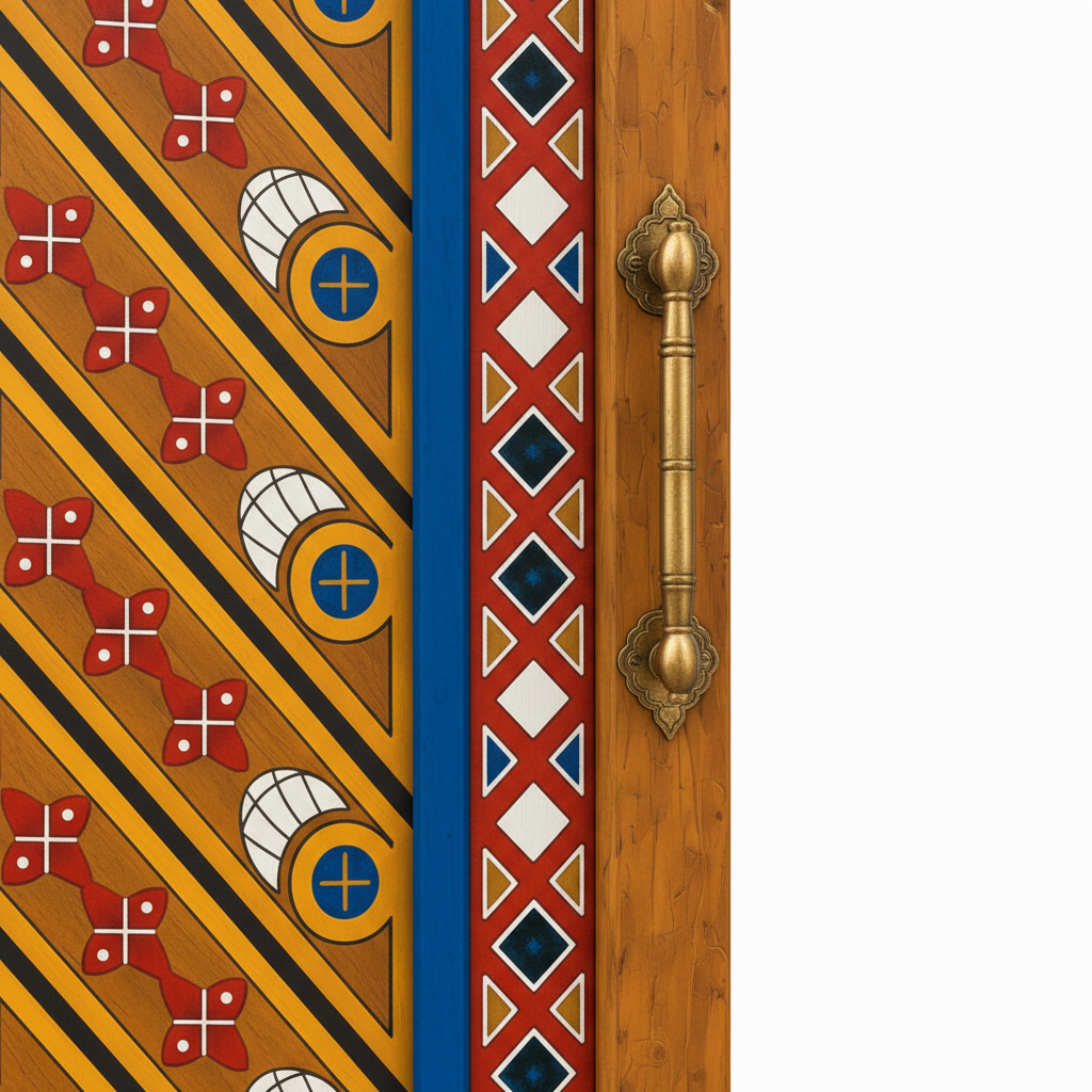Close-up of brass-tone pull, painted motifs, and solid redwood frame