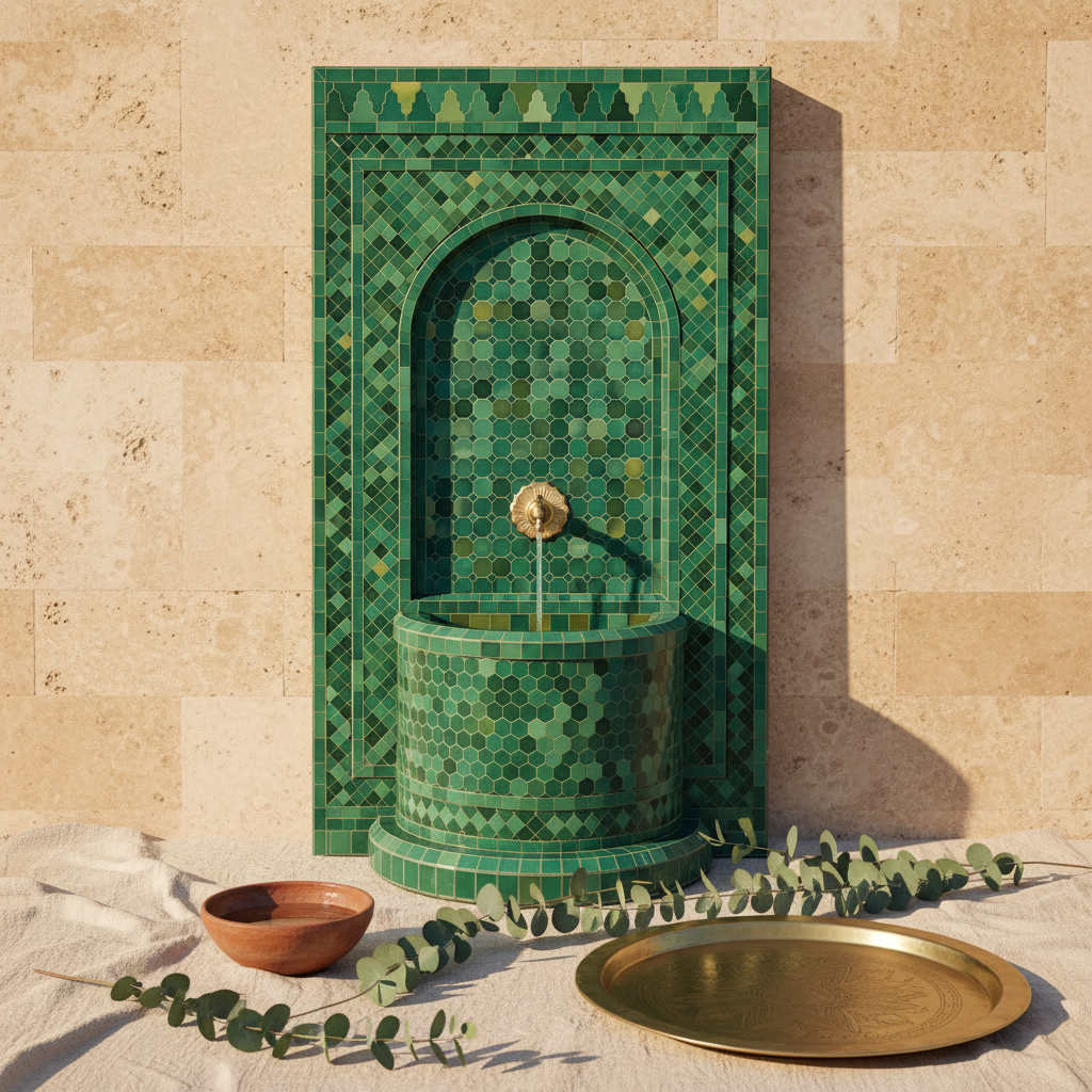 Green Moroccan mosaic fountain styled with eucalyptus and brass tray on stone surface