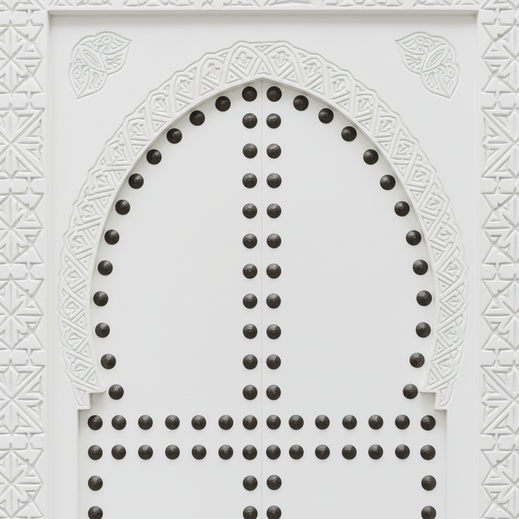 Close-up of hand-carved geometric detail and metal studs