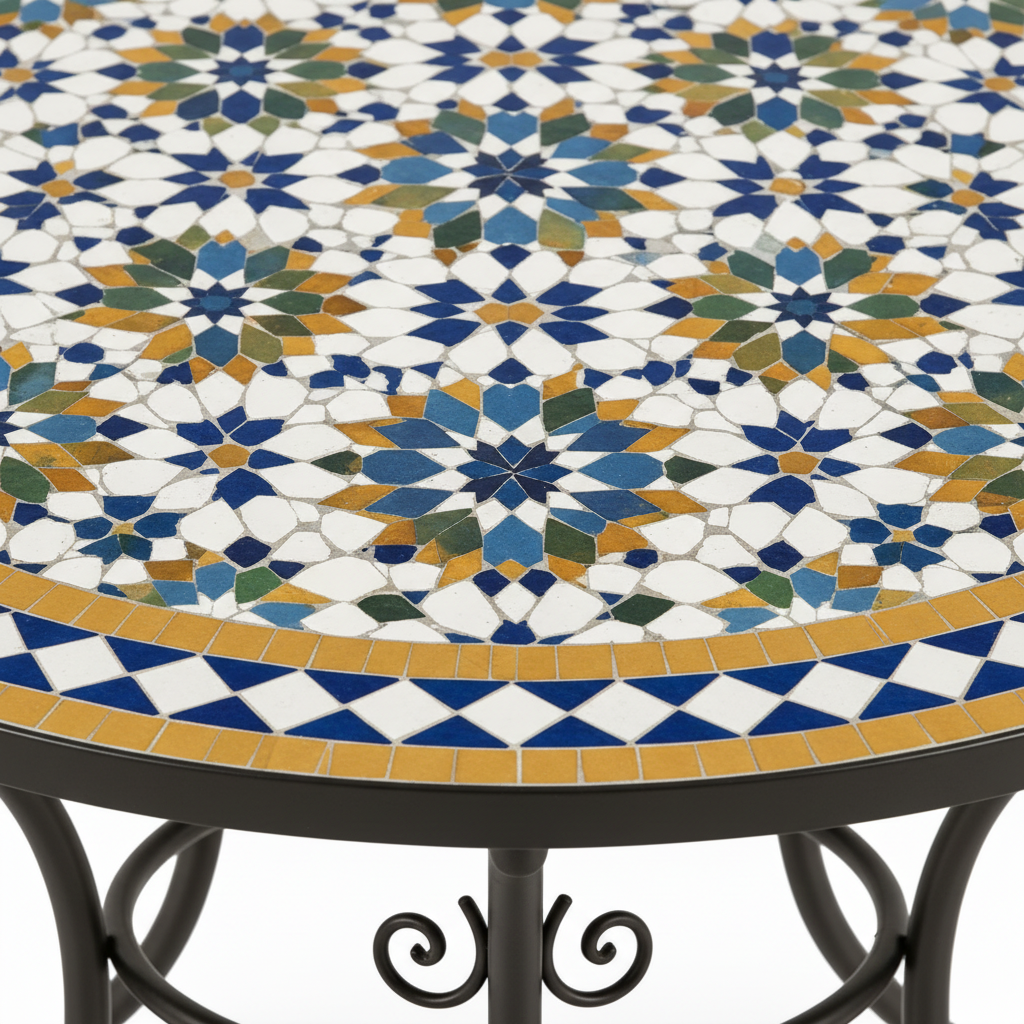 Close-up macro of cobalt blue and white star-and-floral zellige mosaic pattern with honey gold border detail