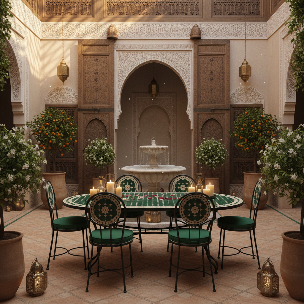 Emerald green zellige oval mosaic dining table in an authentic Moroccan riad courtyard with marble fountain Moorish arches carved stucco brass lanterns rose petals and golden light