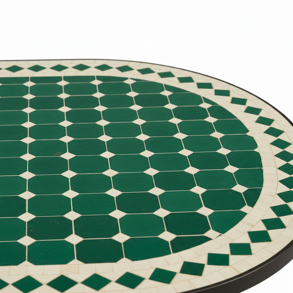 Close-up macro of deep emerald green zellige tiles in a fine basketweave grid pattern with crisp white grout lines and ivory green alternating diamond border at the edge