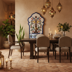 Moroccan Tree of Life mosaic fountain as focal point in luxury boutique hotel interior with lanterns