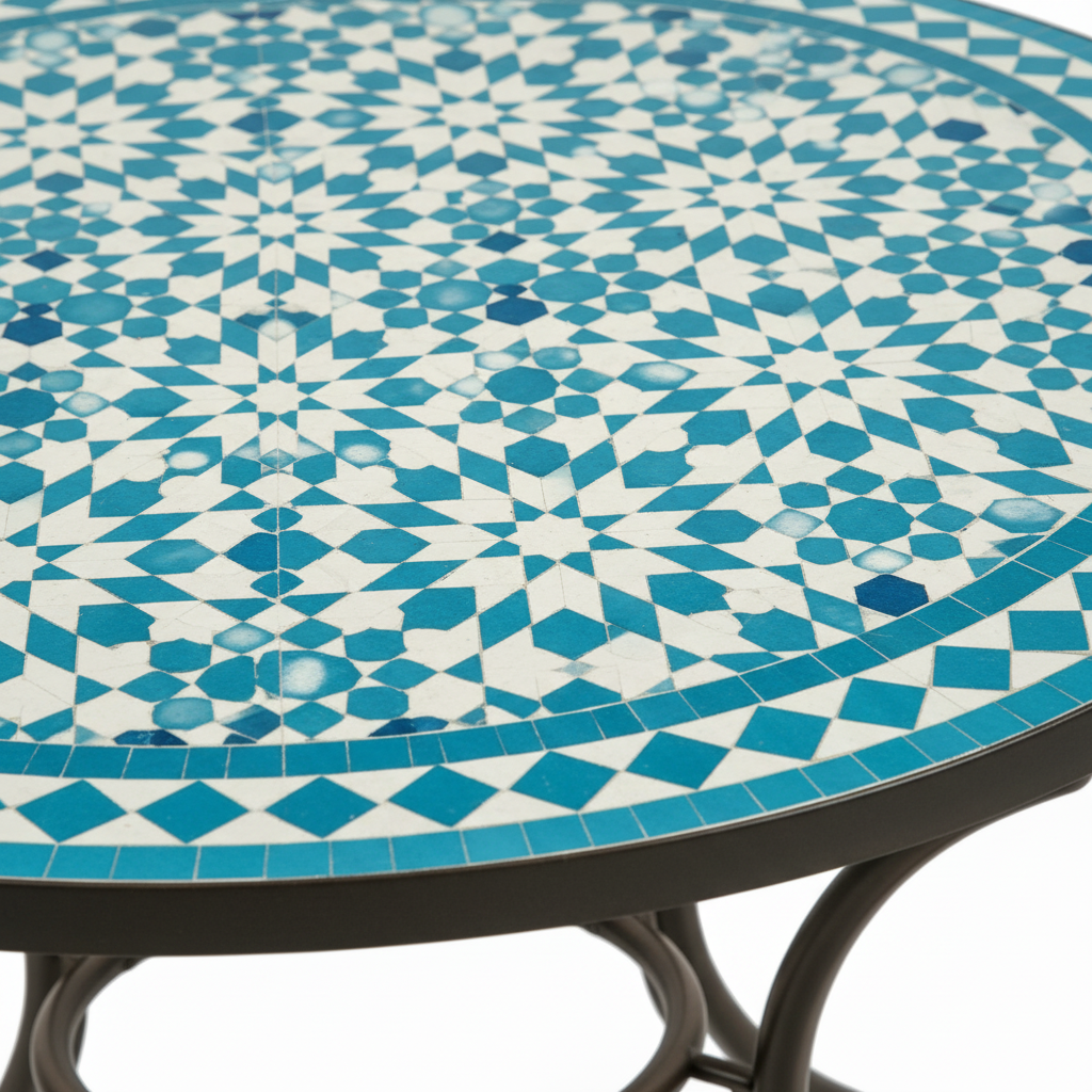 Close-up macro of turquoise and white concentric star-and-floral zellige mosaic pattern with fine scalloped border