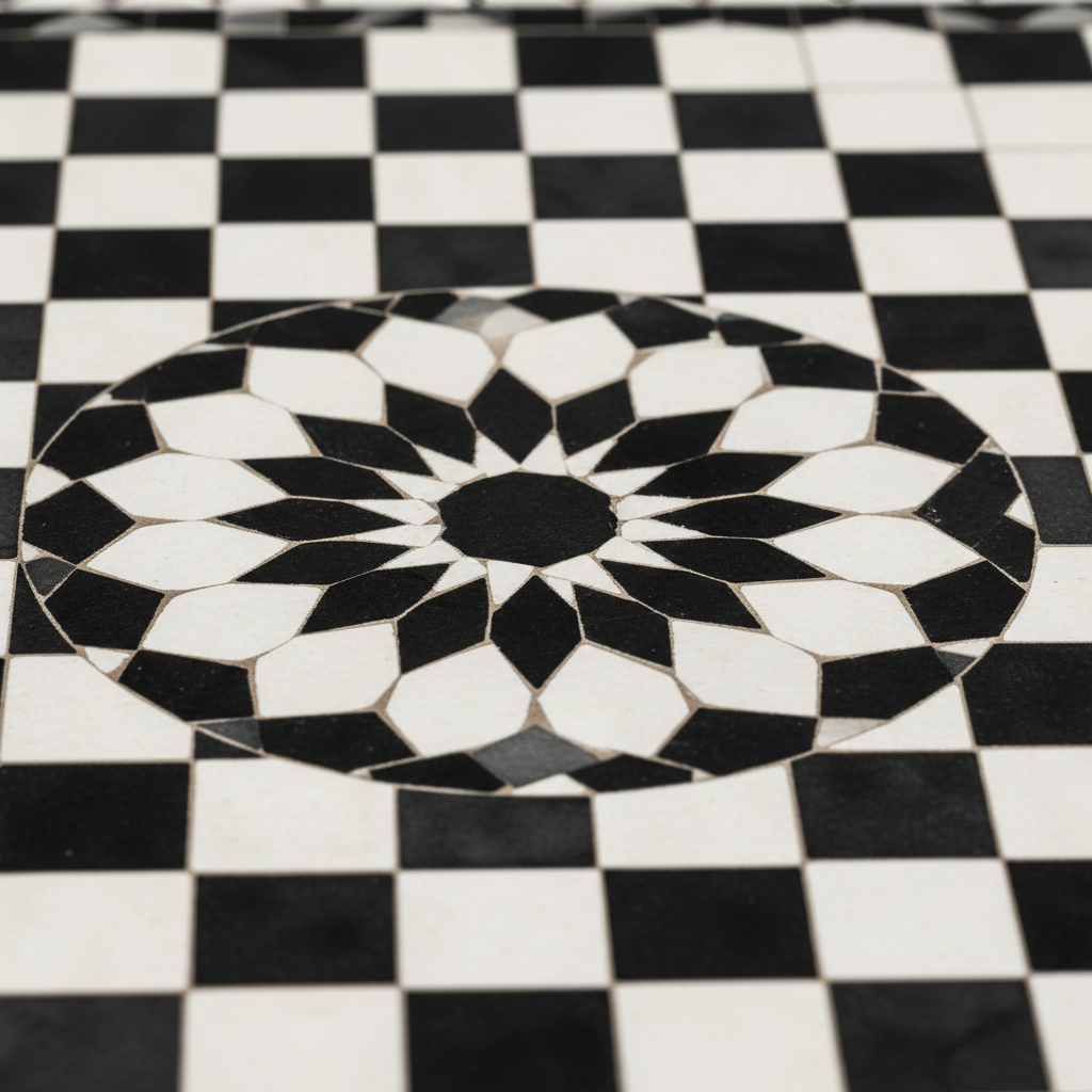 Close-up macro of black and white checkerboard zellige mosaic tiles with central 8-pointed star medallion in black and white and alternating black white diamond border
