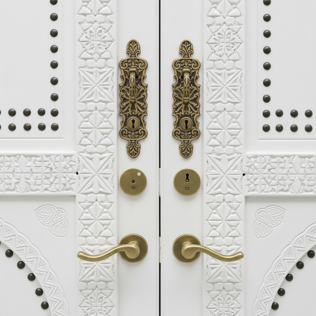 Close-up of ornate brass-tone handles and carved white woodwork