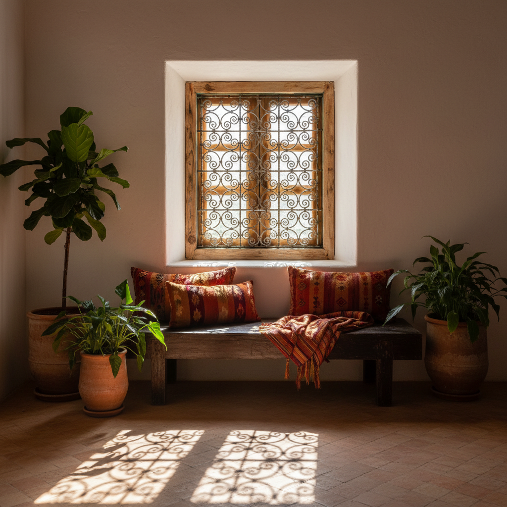 Antique Moroccan cedar window installed in whitewashed wall with sunlight through iron scrollwork