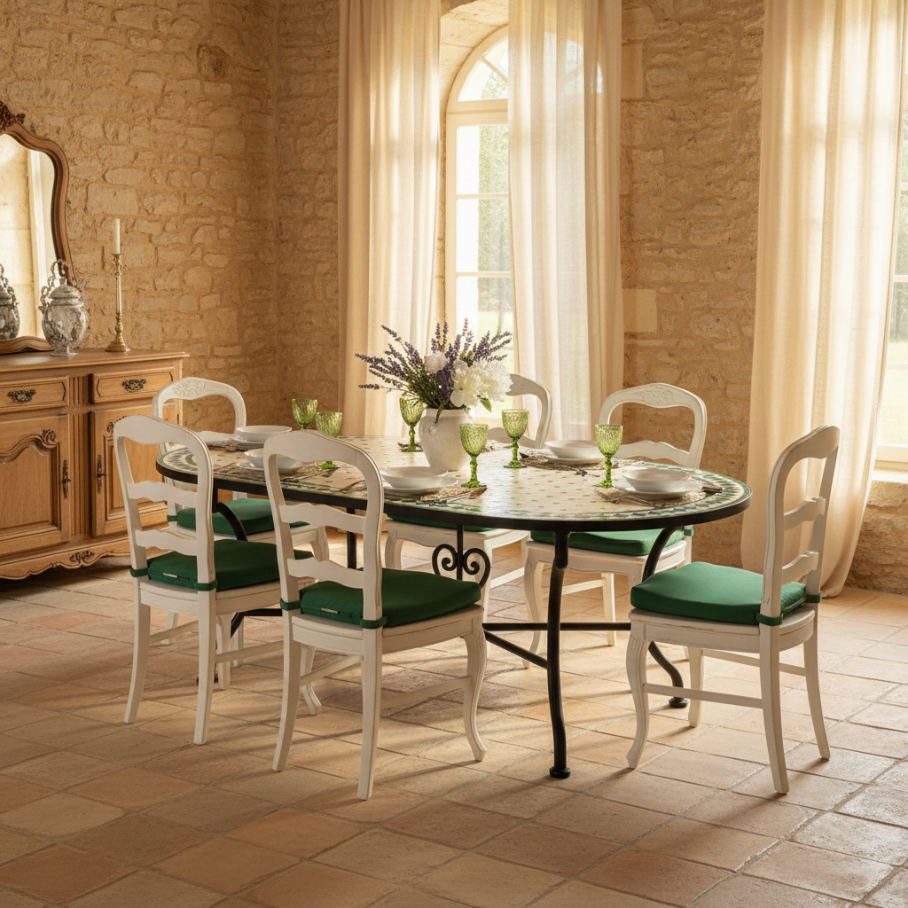 Ivory and green diamond zellige oval mosaic dining table in a bright Provençal French country interior with stone walls ivory linen ladder-back chairs lavender peonies and warm afternoon light
