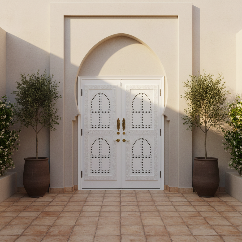 White Moroccan double door installed in a sunlit courtyard home