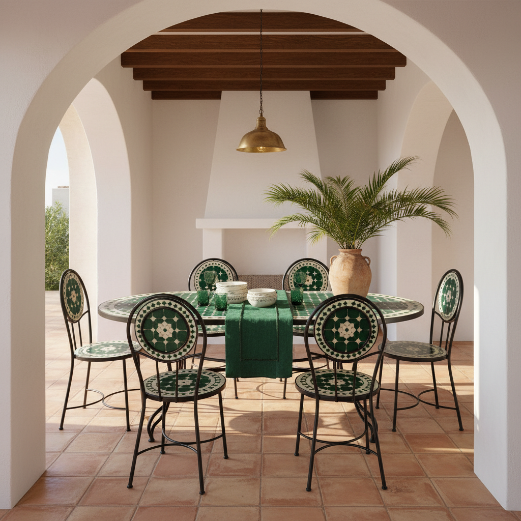 Emerald green zellige oval mosaic dining table in a bright Mediterranean villa interior with white plaster walls dark wooden beams terracotta floor ivory linen chairs and tropical palm