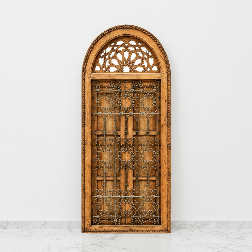 Moroccan arched window flat lay on white marble - studio product shot