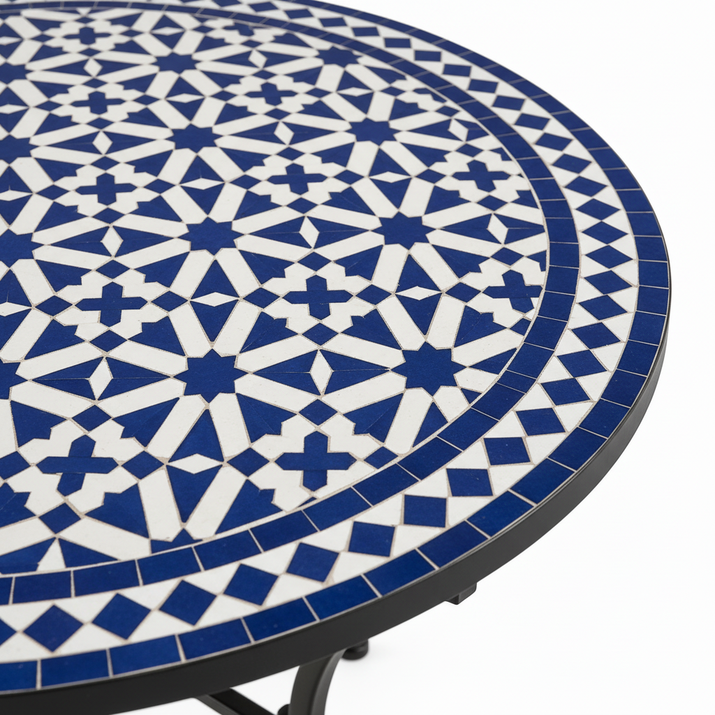 Close-up macro of deep cobalt blue and white interlocking eight-pointed star and cross zellige mosaic pattern with cobalt diamond border
