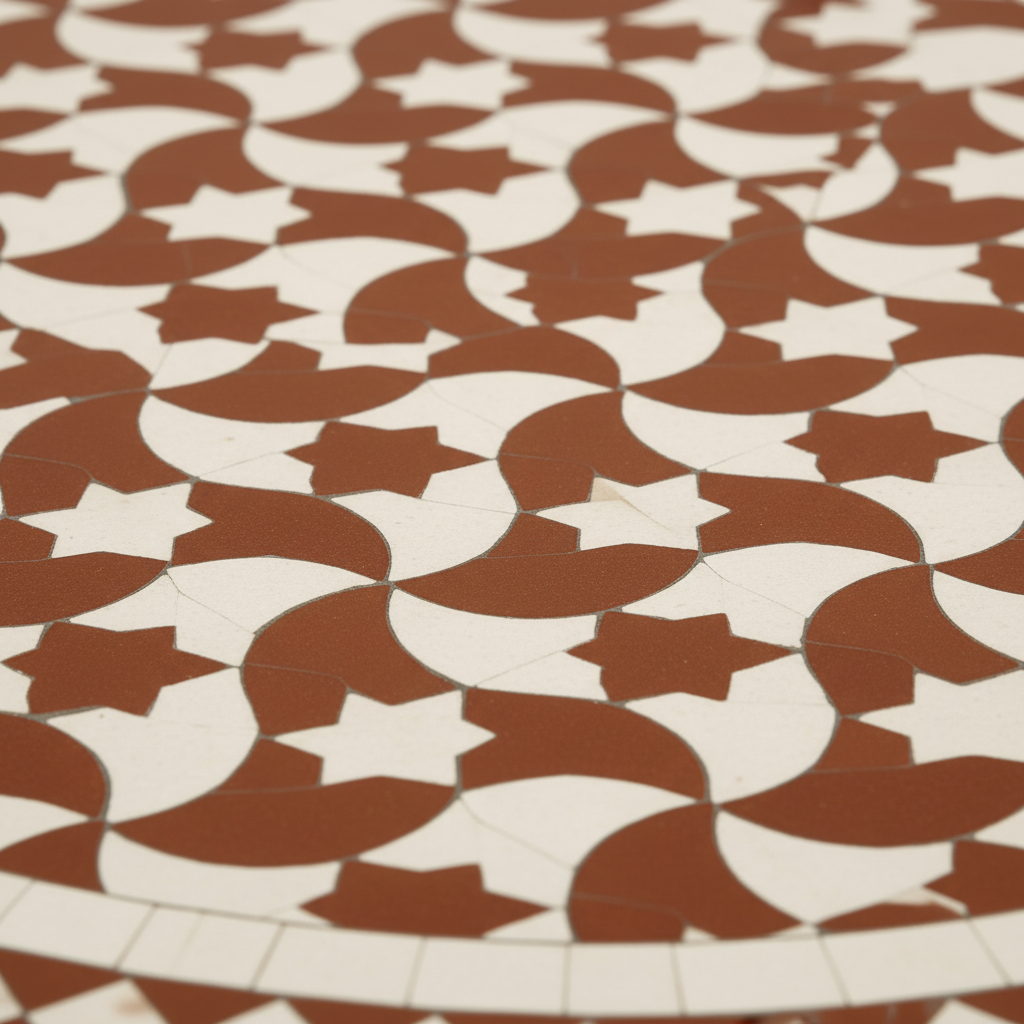 Close-up macro of terracotta red-brown and cream interlocking crescent and star tessellating zellige mosaic pattern with fine cream diamond border