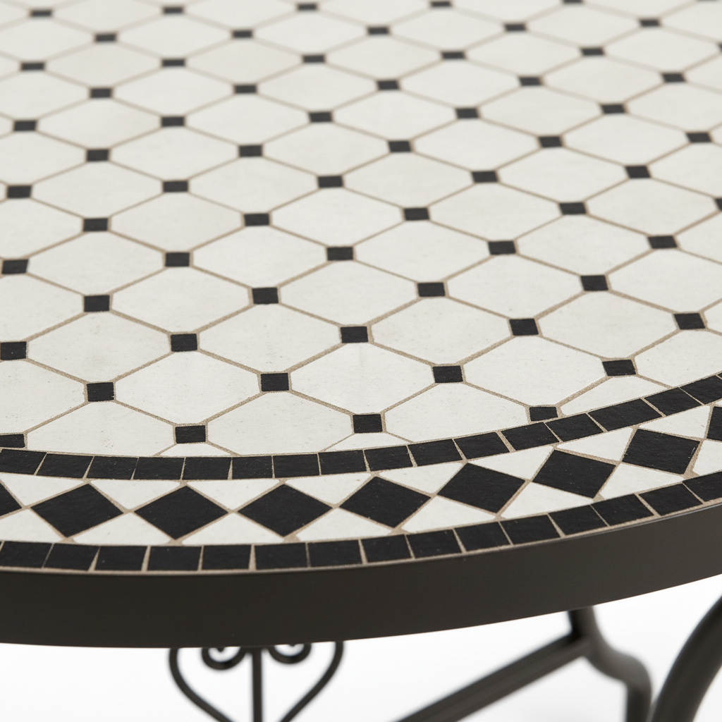 Close-up macro of classic black and white zellige octagon-and-dot tile pattern with fine alternating black and white diamond border