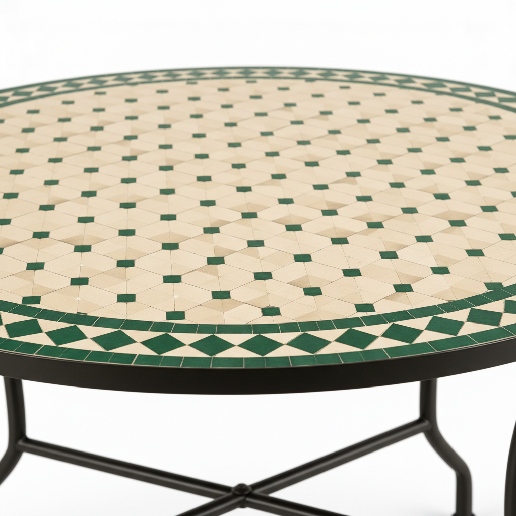 Close-up of cream and emerald green zellige mosaic tile pattern