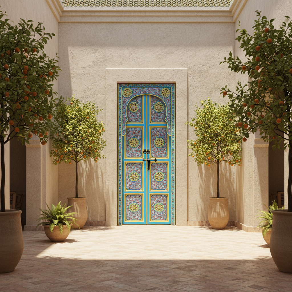 Blue floral Moroccan double door installed in a sunlit riad courtyard