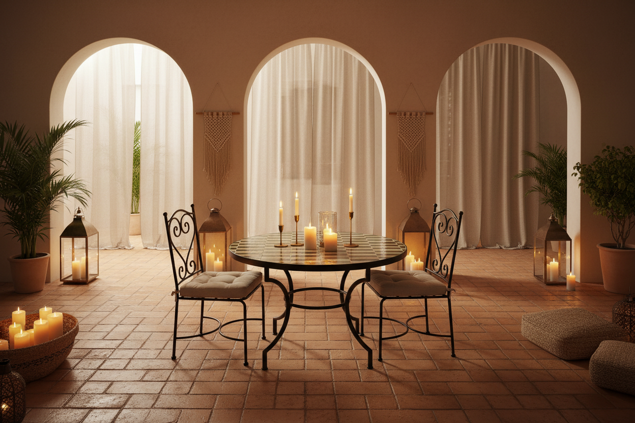 Zellige mosaic dining table in a modern bohemian interior dining room