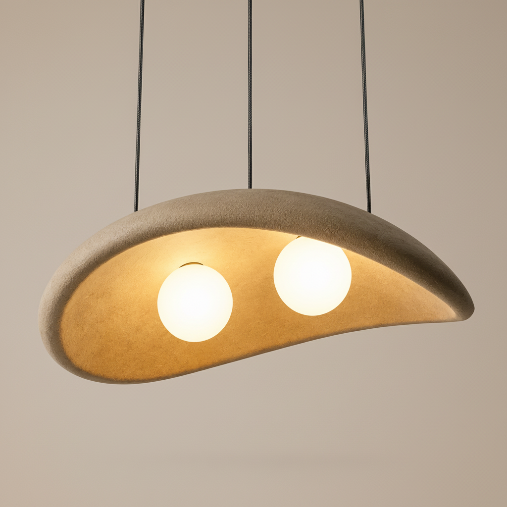Close-up of the Obriy clay pendant lamp showing its handcrafted texture and warm glow
