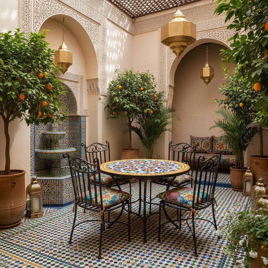 Multicolor zellige mosaic table in a lush Moroccan riad courtyard with brass lanterns and colorful cushioned chairs