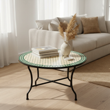 Zellige mosaic table in a bright bohemian living room interior