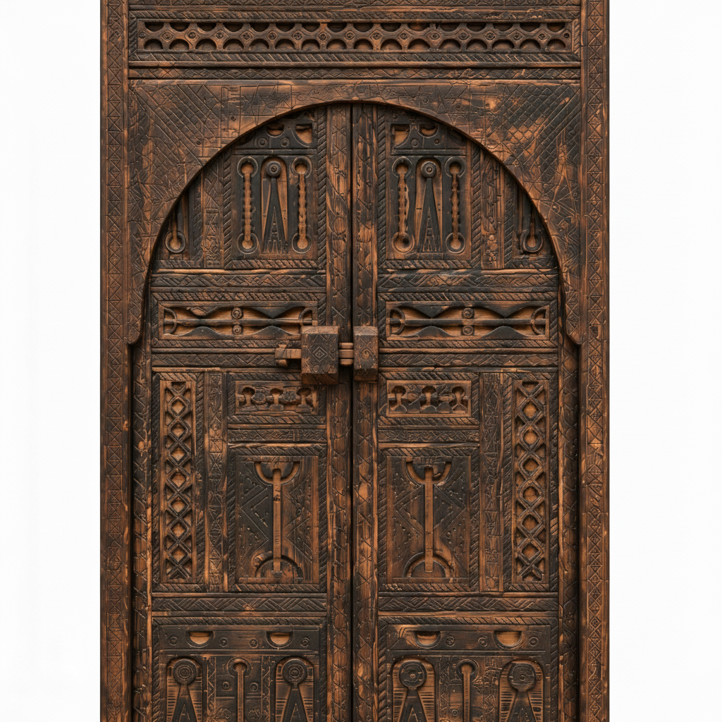 Close-up of the rounded arch and intricate geometric carving on an aged Moroccan wood door