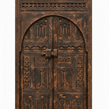 Close-up of the rounded arch and intricate geometric carving on an aged Moroccan wood door