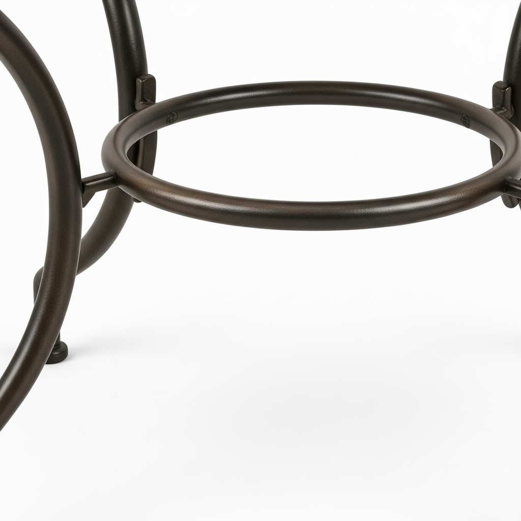 Dark bronze-black wrought iron table base with curved legs and circular ring brace stretcher detail