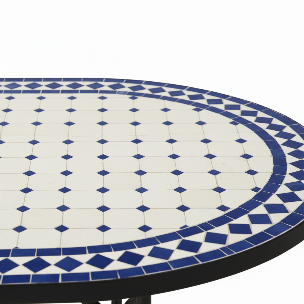 Close-up macro of ivory white zellige mosaic tiles with cobalt navy blue diamond dot accents in a regular grid and alternating cobalt blue and white diamond border