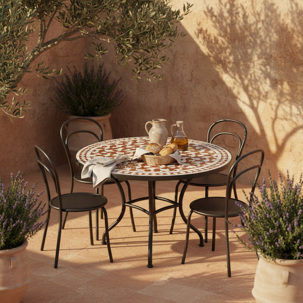 Terracotta and cream zellige mosaic dining table on a warm Mediterranean garden terrace with sandstone walls lavender pots and golden afternoon light