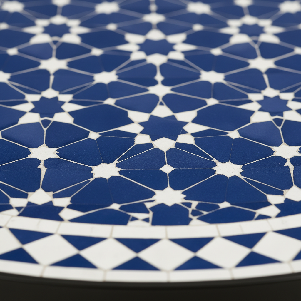 Close-up of sapphire blue and white geometric star zellige mosaic tile pattern