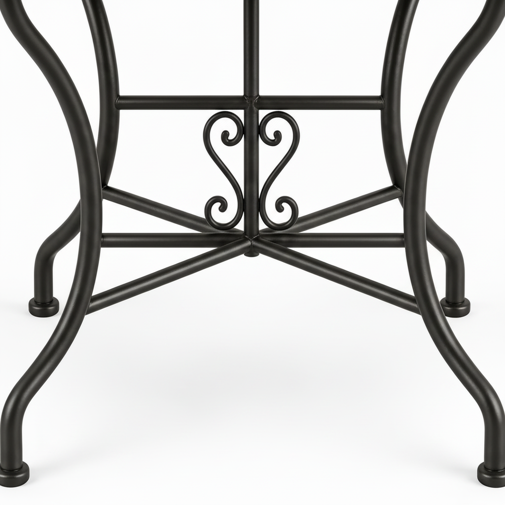 Matte black wrought iron table base with slender curved outward-splaying legs X-cross stretcher brace and small decorative scrolled motif at center junction