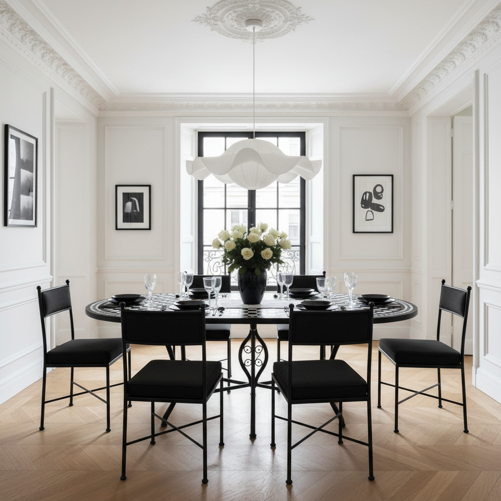 Black and white checkerboard zellige oval mosaic dining table in a chic Parisian apartment dining room with plaster moldings black steel windows white roses black leather chairs and crystal glassware