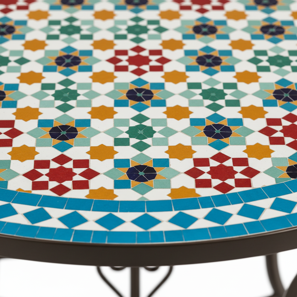Close-up macro of multicolor zellige mosaic pattern with coral red amber gold teal green and navy blue star and flower tiles on white ground with turquoise diamond border