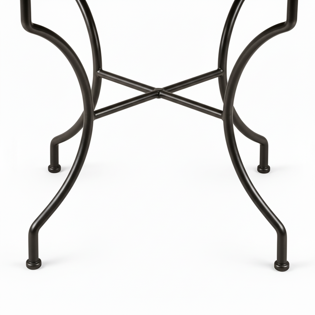 Hand-forged dark wrought iron table base with curved legs and cross-brace detail