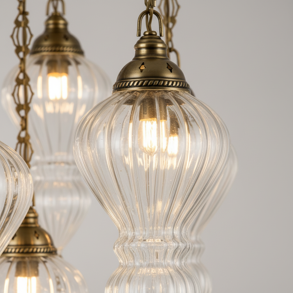 Close-up of the antique brass frame and clear ribbed glass globes on the chandelier
