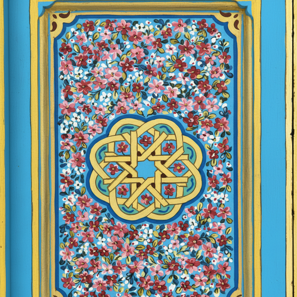 Close-up of hand-painted flowers and gold geometric medallion on blue Moroccan door