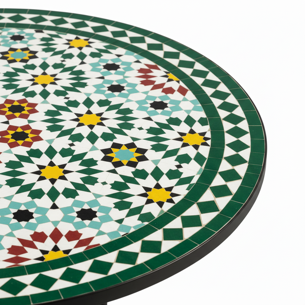 Close-up macro of emerald green red mustard yellow and cream Fez-style zellige star mosaic pattern with green diamond border