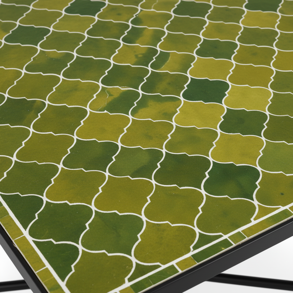 Close-up macro of interlocking Moroccan quatrefoil lantern zellige tiles shifting from deep forest green to olive and chartreuse with fine white grout lines