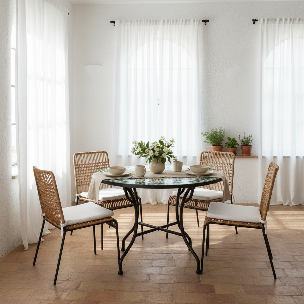 Emerald green zellige mosaic dining table in a bright Mediterranean dining room with arched windows terracotta floor and rattan chairs