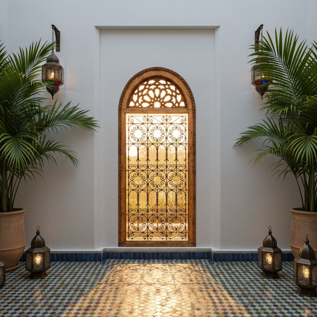 Moroccan arched window installed in whitewashed riad courtyard wall with zellige floor