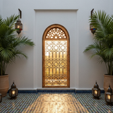 Moroccan arched window installed in whitewashed riad courtyard wall with zellige floor