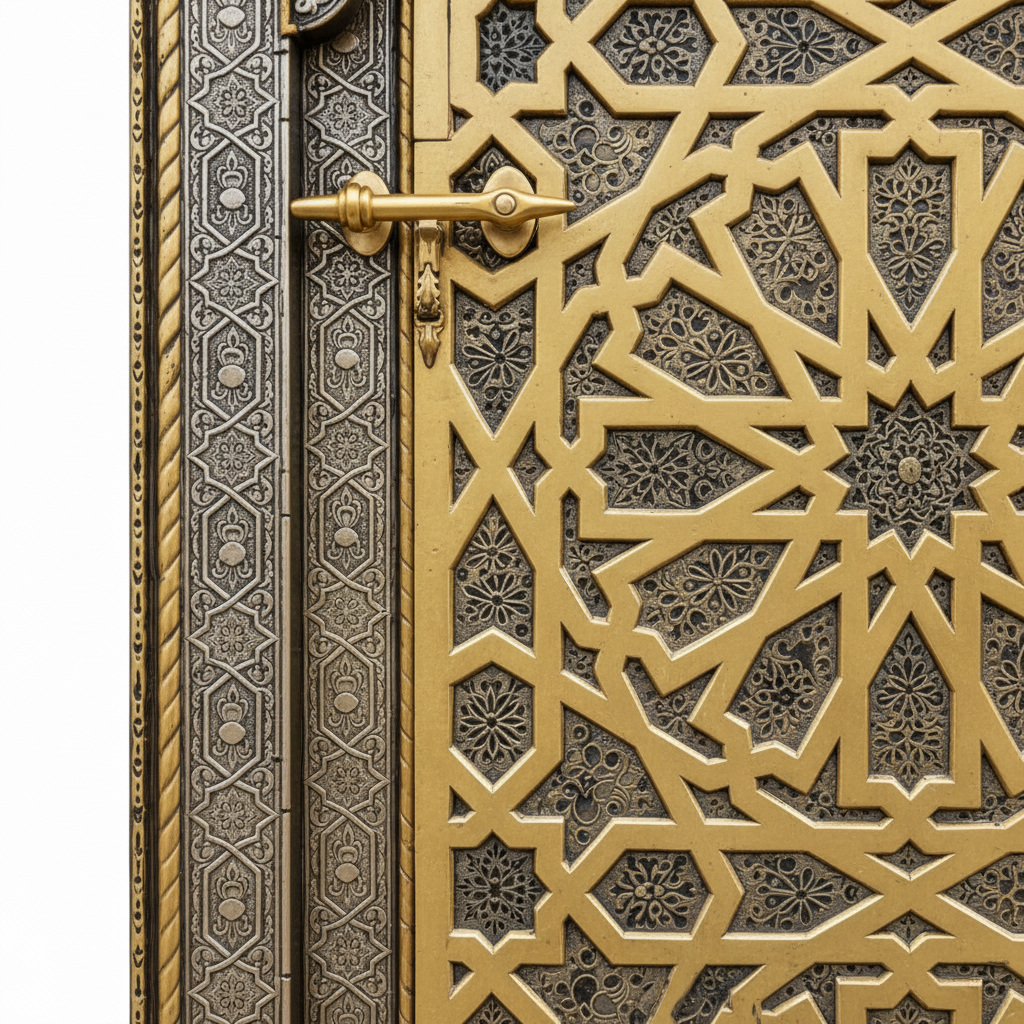 Close-up of ornate brass-tone handle and engraved Moroccan door frame